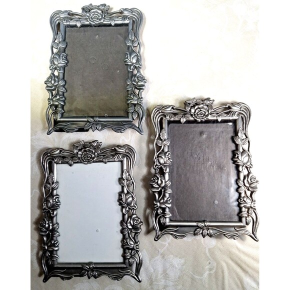 3 Vintage Rose Ornate Pewter Picture Frames 1 Matte 2 A Bit Shiny 4.5" x 6.5"ish - Picture 6 of 12